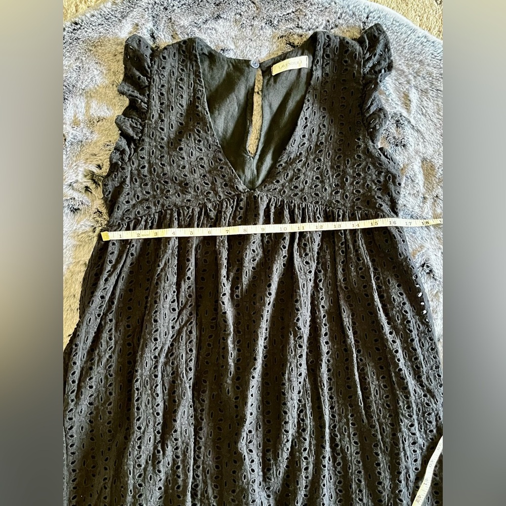 EUC Black Eyelet Babydoll Mini Dress Pockets Lined Built in Shorts Small - Picture 16 of 16